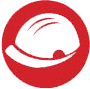 Red circular logo depicting a stylized white hard hat for home.