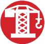 Red circular icon with a white stylized representation of services tower crane.