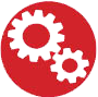This image depicts a red circular icon with two white interlocking gears in the center.