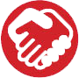 Red circular icon depicting a white handshake silhouette, symbolizing services.