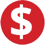 A red circular icon with a white dollar sign symbol in the center, representing services.