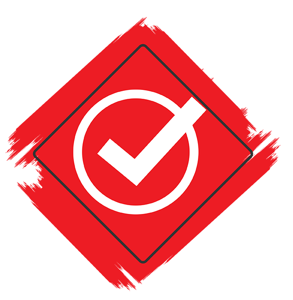 Red square sign with a white tilted checkmark inside a circle and a diagonal line indicating prohibition of services.