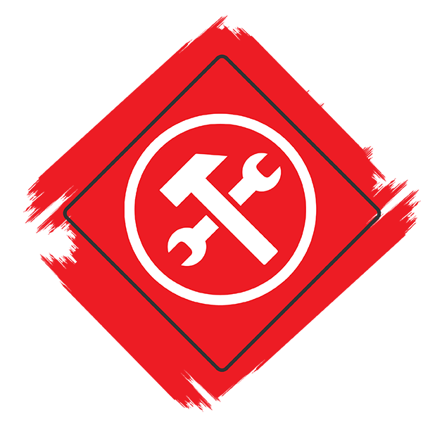 Red square sign with hammer and wrench symbols inside a circle, indicating a maintenance or construction services area.