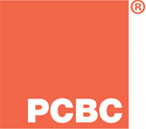Home coral square with the acronym "pcbc" in white letters, accompanied by a registered trademark symbol.