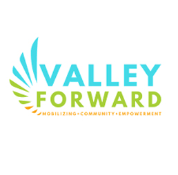 Logo of "valley forward" featuring stylized wings and a home slogan "mobilizing community empowerment.