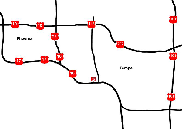 A simplified road map highlighting major highways around Phoenix and Tempe, Arizona. For more details, contact us.